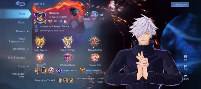 🖤Mega-4🖤606 Stars🖤Abuss Moskov,Ekzo Granger,Kishin Lancelot,Naruto SuYo,Hayabusa,AOT Fanny 🖤, Sale, Rank: Mythic, Level: 128, Winrate: 63%, Heroes: 133, Skins: 511