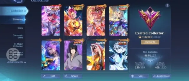 467 skins | huge premium skins | all heros | all emblem | gloabl max | ios + Android, Sale, Rank: Master, Level: 100, Winrate: 59%, Heroes: 133, Skins: 467
