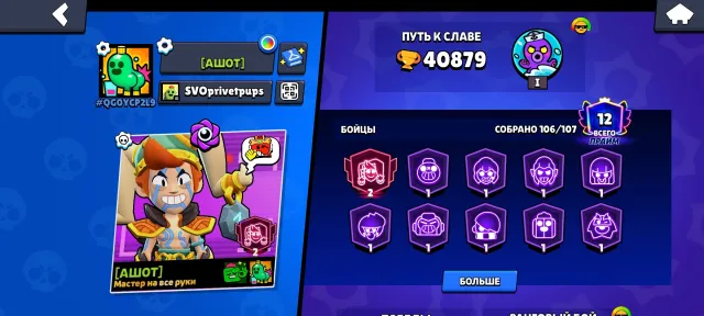 Fat account for a beginner, 40879 trophies, 106 brawlers, 12 primes