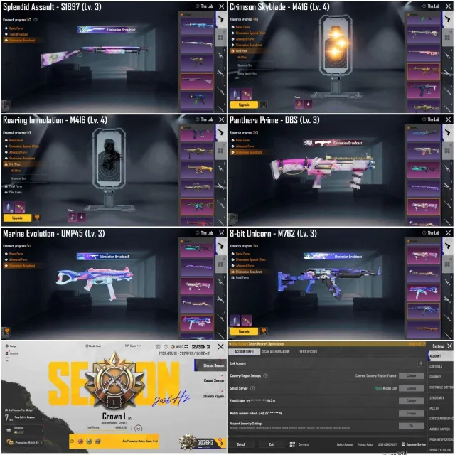 M416 Roaring/M416 Crimson Lvl 4 (KillMsg)Ump/Dbs/S18 (KillMsg)M762 Lvl 3/Glacier Helmet, Продажа, 71 уровень, Ранг: Корона, 50+ мифик скинов, 10+ прокачиваемых оружий, 5+ килл чатов, Нет спорт каров