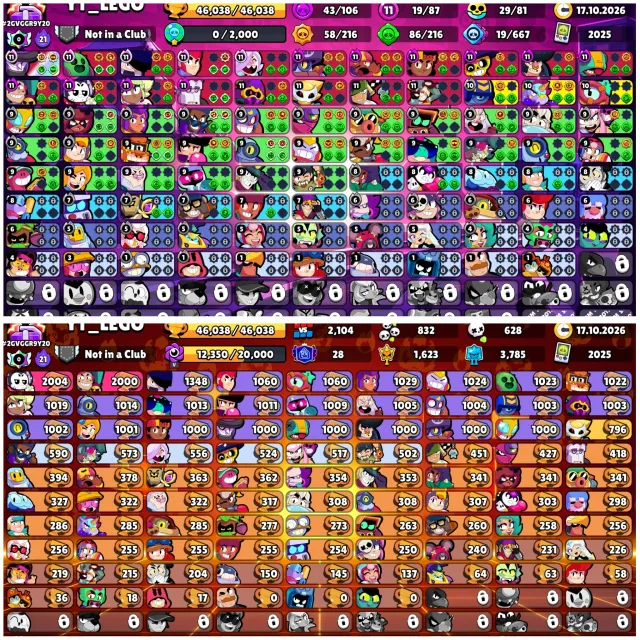 🤖Mortis-Mecha🎃Headless Rider Stu🎸Thrasher Poco👔168 Skins🏆46.0k⚔️19-11LVL👤87/107🦖2025, 46000 trophies, 87 brawlers, 28 primes