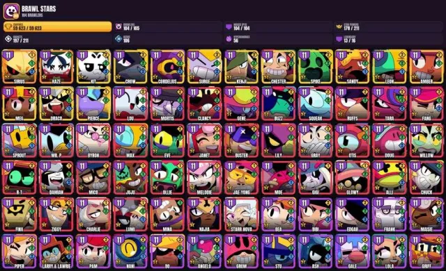 104 brawlers ✨ 104 max 🏆 59.6K trophies✨Chester✨Kit✨Spike✨Kenji✨Leon✨Amber✨Cordelius✨Pierce, 59623 trophies, 104 brawlers