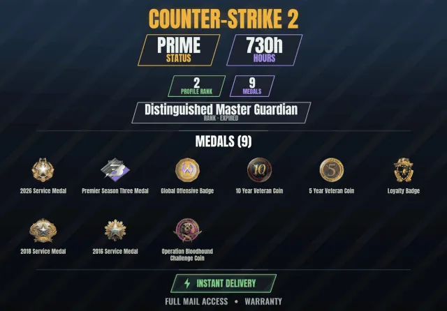 CS2 Prime🎮730h💠9 medals Veteran Coin 10 years, Service Medal 2016, Service Medal 2018, Sale, With inventory, Has PRIME