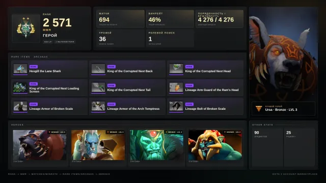 ✨Hero 2 ≈ 2571 MMR✅4276 HONOR✅✨skins✨⚔️36 trophies⚔️🎯1 TOKEN🎯LP games: 0 pcs, Sale, 2571 MMR, 4276 honor, 4276 politeness, 694 matches, 871 hours