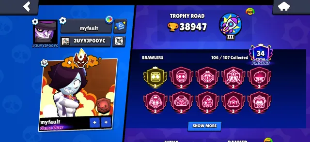 FAT ACCOUNT WITH DOUBLE MASTER AND 3 PRIME, 39000 trophies, 106 brawlers, 34 primes