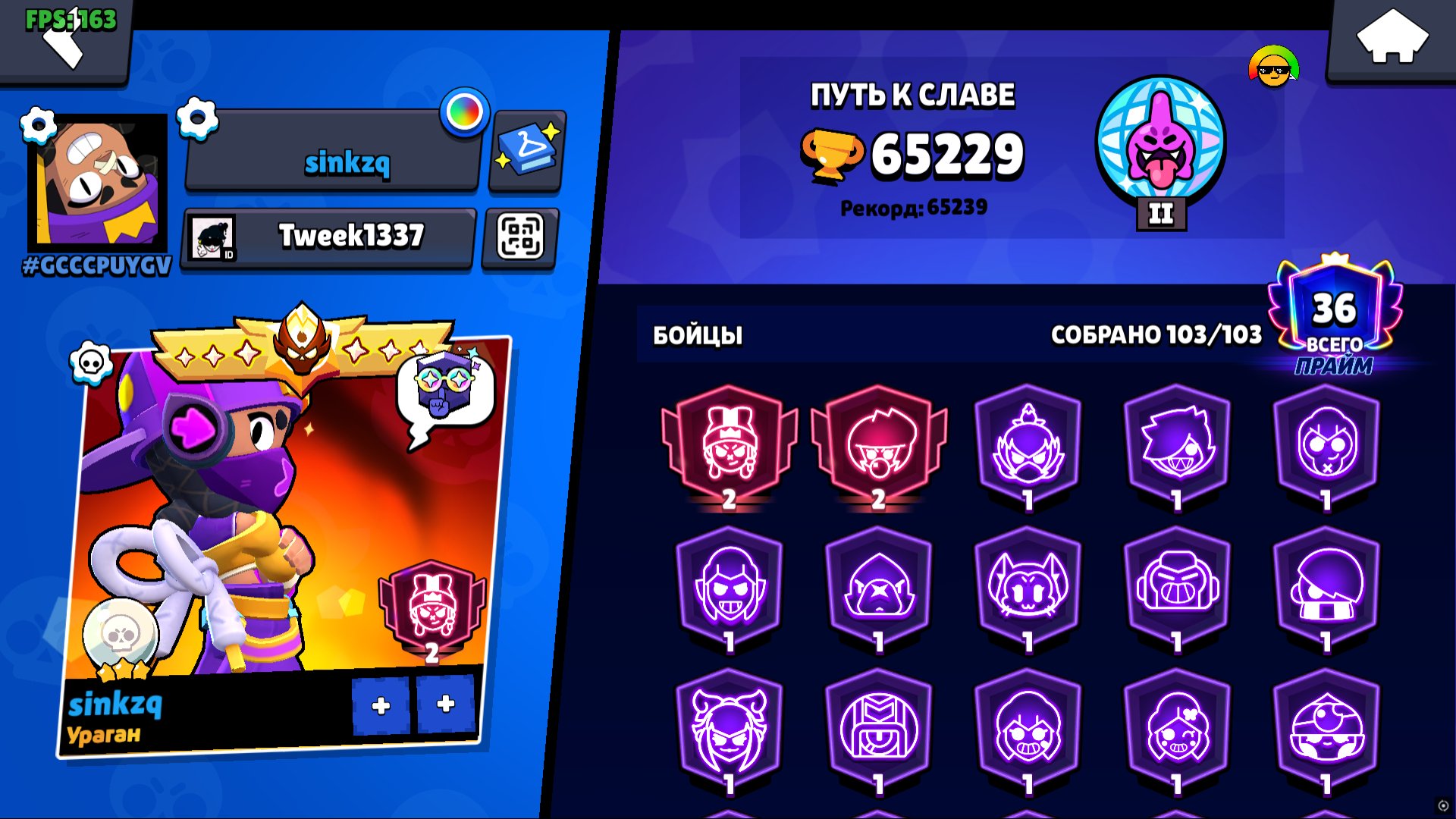 🏅👾Donator account BS🏅👾Purchased a lot of BP+👾🎉Lots of skins and more🏅💧, trophies 65229, brawlers 104, primes 36