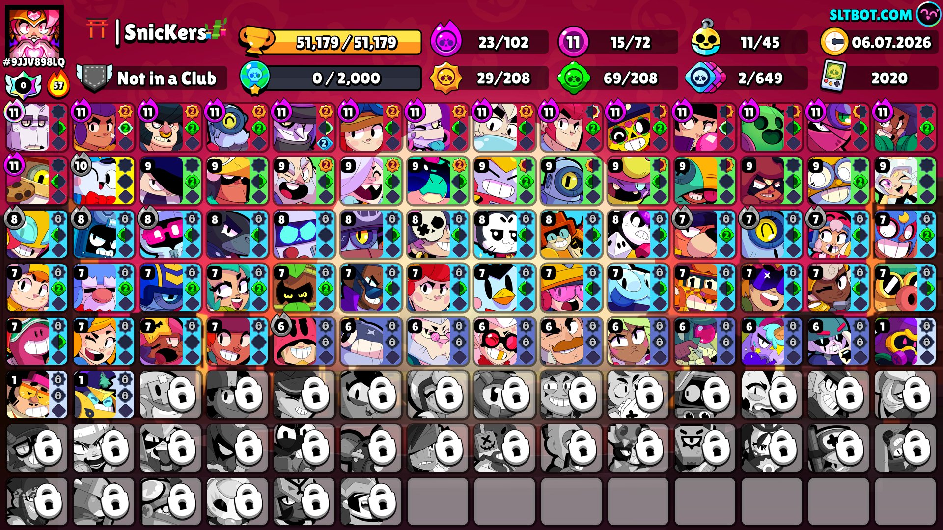 GOOD ACCOUNT CREATED IN 2020 | 64 BRAWLERS | 30.1K TROPHIES | 10 11 LVLs | 9 PRIMES | 111 SKINS, trophies 51179, brawlers 72, primes 36