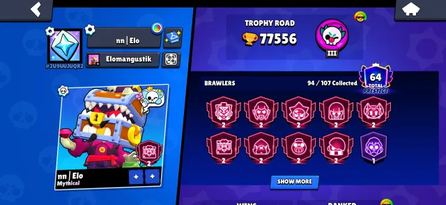 🔥EXCELLENT ACCOUNT | 77500🏆 | 1 BP+💸 | 94 BRAWLERS🥷 | 19 BUFFS🍭 | 22 - 11 POWER👑| 2026 YEAR📍, 77500 trophies, 94 brawlers, 64 primes