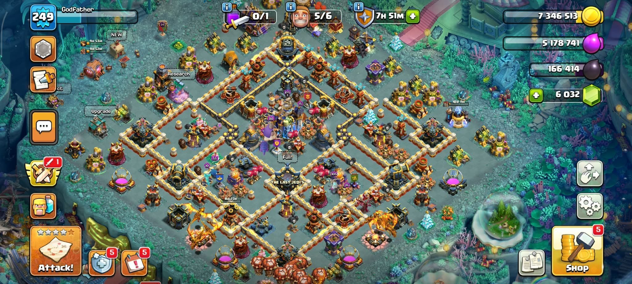 TH 18 Full Max~Heros-100/100/75/50~12× Hero skin~Dragon Palace Scenery ~ Gems 6k+~ Re link possible, 18 TH Main Village