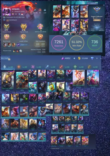 [SEA/GLOBAL] Ex-Glory 58⭐| 222 Skins | Lucky Box Alpha, Naruto Crossover | Full Emblem MAX, Sale, Rank: Mythic, Level: 69, Winrate: 51%, Heroes: 119, Skins: 222