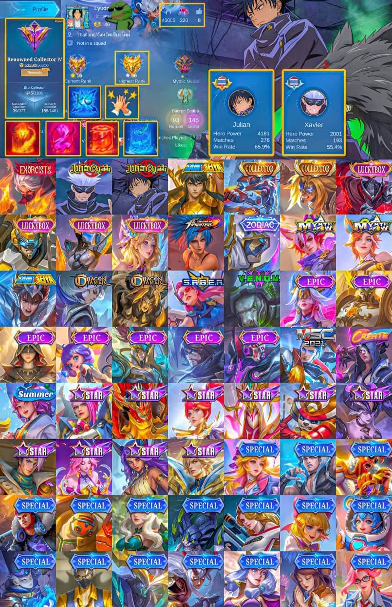 👹 Hayabusa Exorcist 🍥 Xavier Gojo 🍥 Julian Megumi ♎ Chou Libra 🏹 Yi Sun-shin🎭 Badang Collector, Sale, Rank: Mythic, Level: 66, Winrate: 60%, Heroes: 93, Skins: 145
