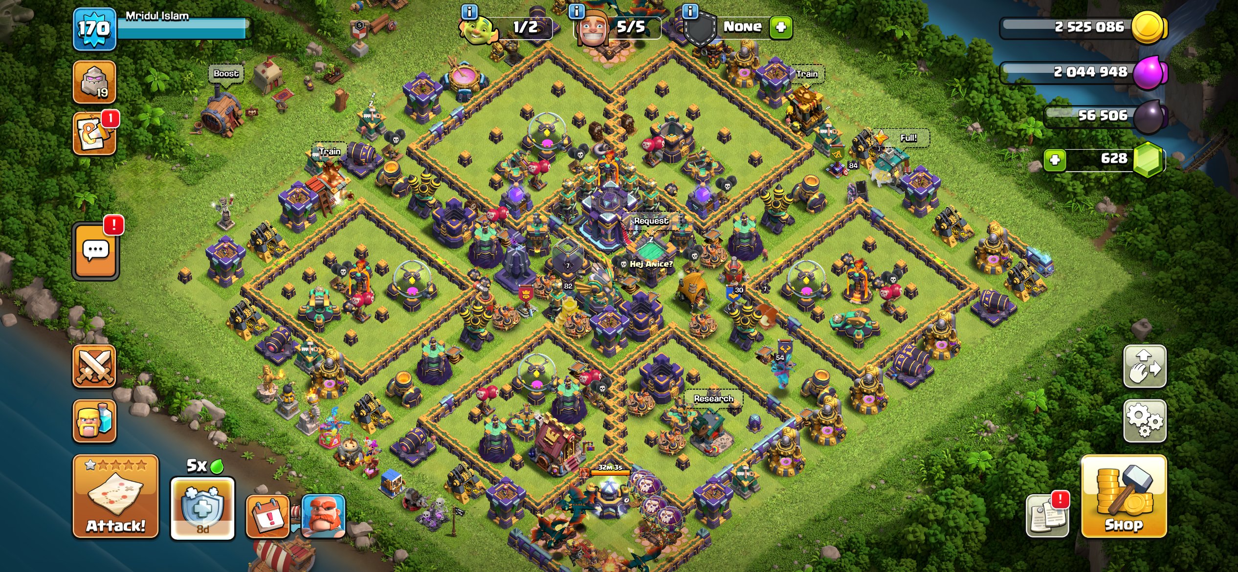 🖤Th 15 (170lvl)🖤| 82-84-54-58-30 |🔥Best Equipments🔥|NO NUMBER Linked✔️| hero skins🦸♂️|FULL ACCESS✔️, 15 TH Main Village