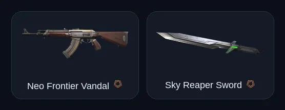 【 Sky Reaper Sword 】【 Neo Frontier Vandal 】【 Sky Reaper Vandal 】【 Tacti-Guild Phantom 】, Sale, Iron 2, Agents: 8, Skins: 13