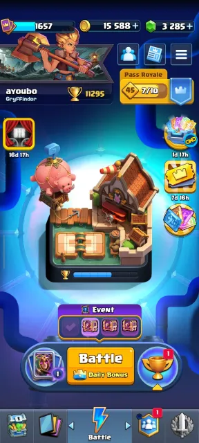 King lvl 15 |11k+ Trophies | 3k+ Gems |2 lvl 16 cards | Lvl 15 Elite Cards | Cheap Quick Sale, 27 arena, 1657 level, 11295 trophies, 123 cards, 27 leg, Available