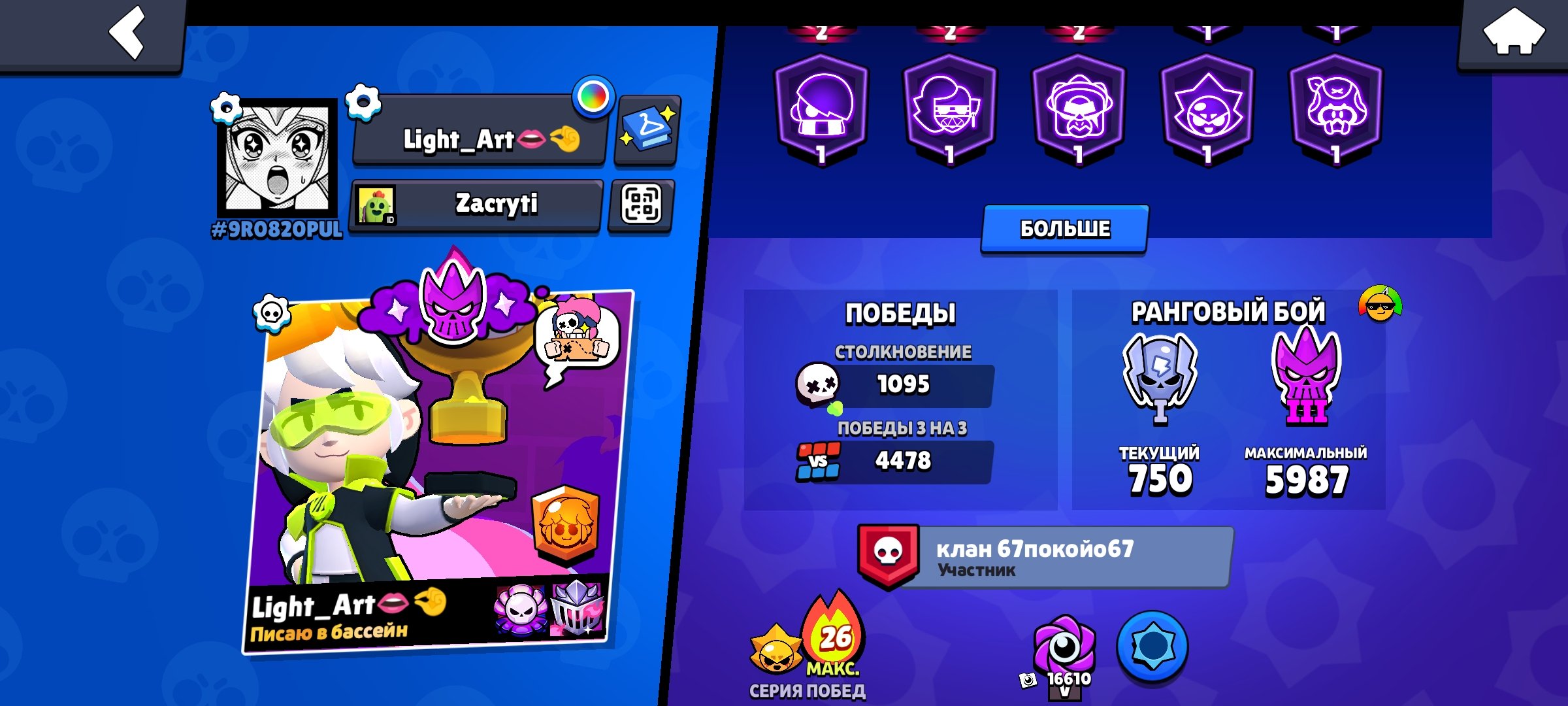 An account with skins for more than 15k gems 38k cups 17, trophies 38000, brawlers 97, primes 17