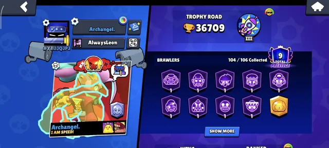 Account for sale in Brawl Stars, 36709 trophies, 104 brawlers, 9 primes