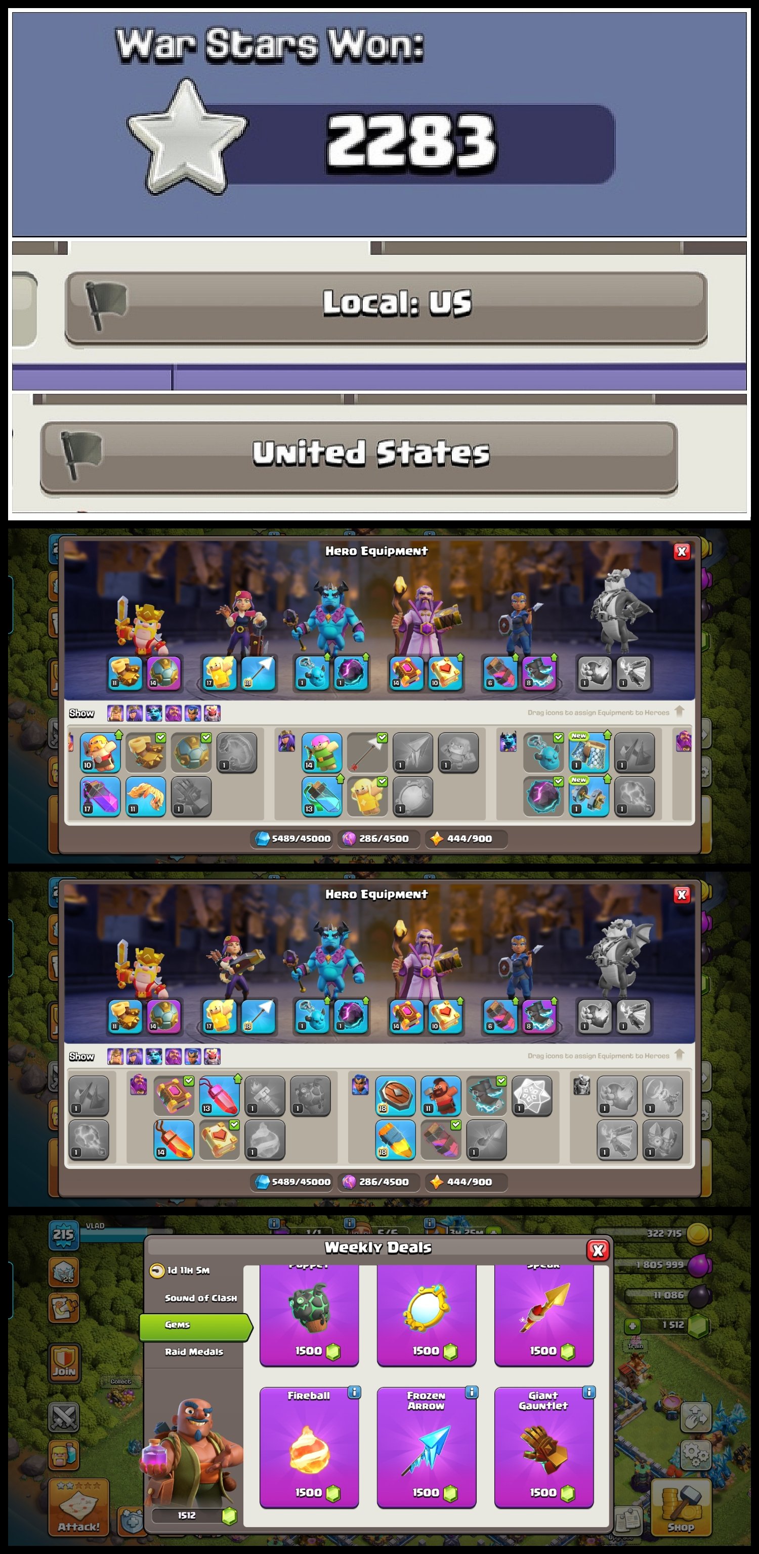 215 XP-Semi Max Th17-[US Local]-3 EPIC EQ.-[Dragon Statue]-Hero(56,68,43,44,25)-High BH-6th Builder, 17 TH Main Village