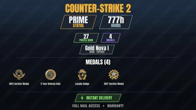 CS2 Prime🎮777h💠4 medals Medal for Service 2017, Medal for Service 2021, Loyalty Badge, Coin, Sale, With inventory, Has PRIME