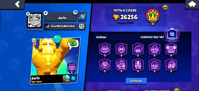 😱Top account for your money is very fat, all brawlers and a lot of donations👽, 26562 trophies, 107 brawlers, 12 primes