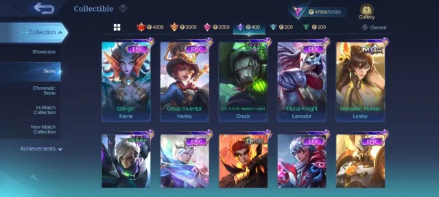🔥KOF Karina collector Natalia deluxe 28 Gaara Vale pegasus badang 🔥EPIC Harley Freya Roger Carmila, Продажа, Ранг: Мифический, Уровень: 72, Процент побед: 50%, Герои: 121, Облики: 227