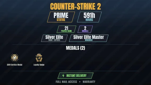 CS2 Prime🎯591h👑2 medals Medal for Service 2019, Loyalty Badge | Black Squad, Sale, Inventory empty, Has PRIME