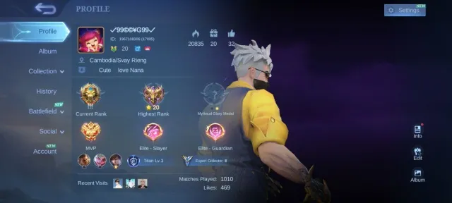 Soul vessel Clint KOF Guinevere Karina LUCKYBOX Ruby TLPH Recall deluxe 11 emblem Max 1 Max, Sale, Rank: Legend, Level: 20, Winrate: 55%, Heroes: 55, Skins: 98