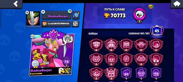 🔥 Selling Brawl Stars account 🔥 70k, 70700 trophies, 107 brawlers, 45 primes