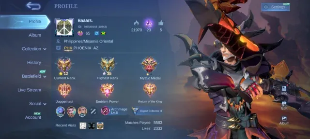 🔥EPIC Roger EPIC valir EPIC Freya EPIC moskov EPIC khufra pegasus badang emblem Max, Sale, Rank: Mythic, Level: 65, Winrate: 49%, Heroes: 118, Skins: 173