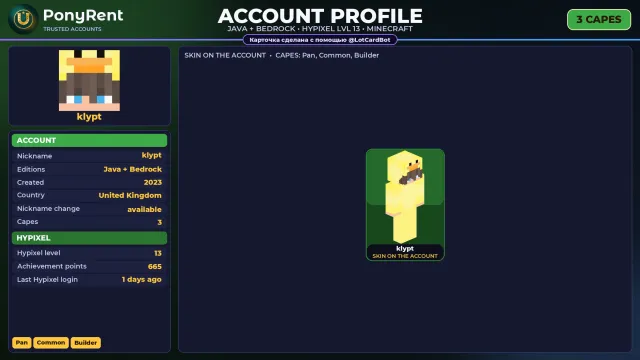 🦄 「MINECRAFT」 JAVA + BEDROCK ♡ 3 CAPES: Pan ♡ FULL ACCESS ♡ NO BAN HYPIXEL (13 LVL) 🌸 #4FITKS, Sale, All account data