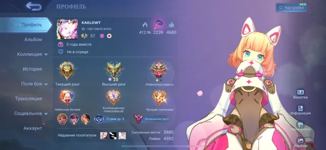 Account for sale !!!urgent!!!, Sale, Rank: Legend, Level: 57, Win rate: 49%, Heroes: 102, Skins: 317