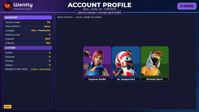 🔥 [FORTNITE] Mako, Explorer Emilie, Mr. Dappermint, Runway Racer — 3 skins | 112 level | 300 V-Bucks, Sale, skins 3
