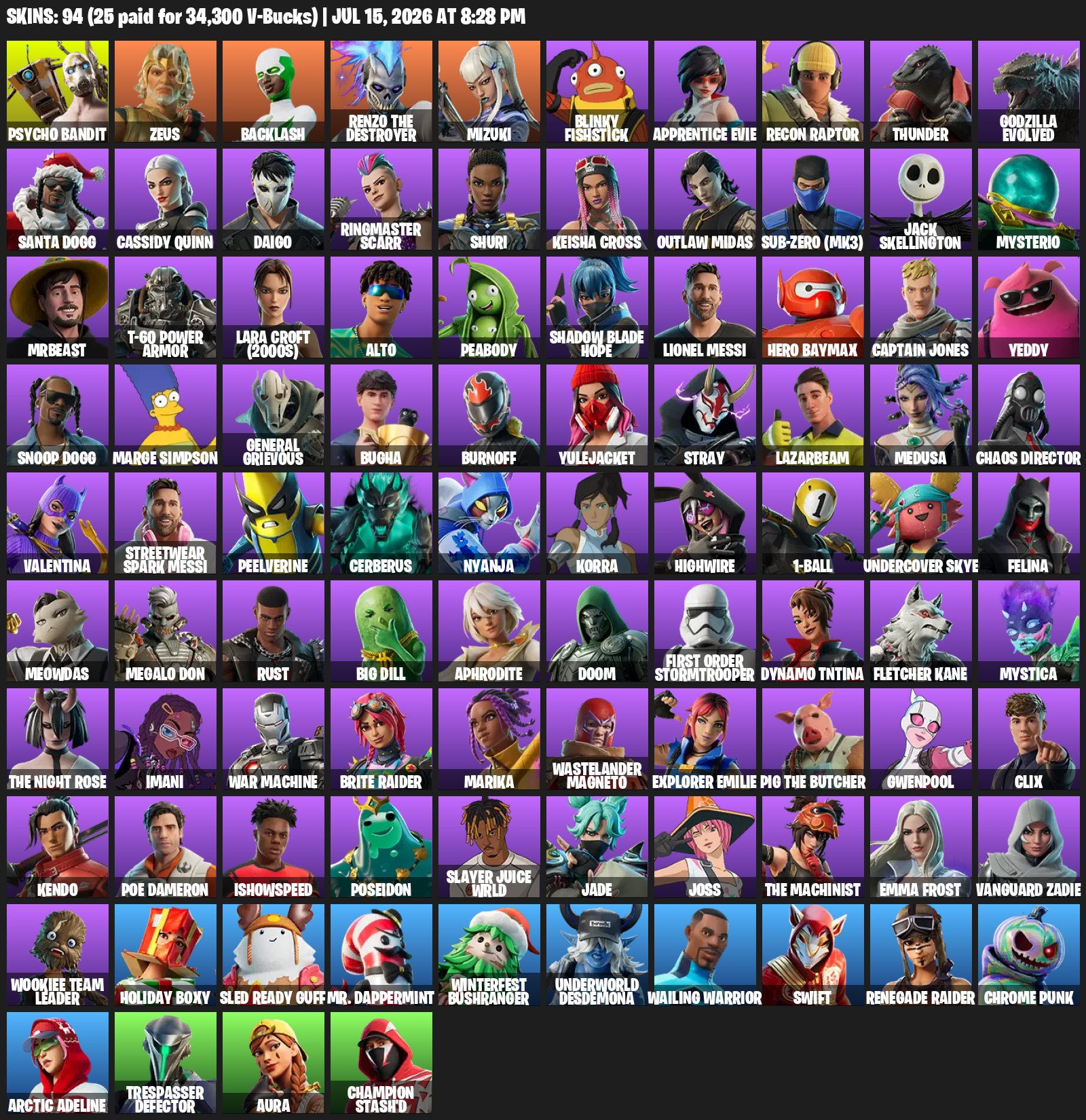 🟦⟨94 SKINS⟩🟦⟨Inventory for 49,200 V-Bucks⟩🟦⟨Psycho Bandit⟩🟦⟨Backlash⟩🟦FULL ACCOUNT ACCESS🟦, Sale, skins 94