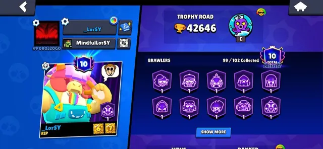 Sirius, 21 hyper, 10k coins, 12k blings, 10 primes, and a lot of skins., trophies 42646, brawlers 99, primes 10