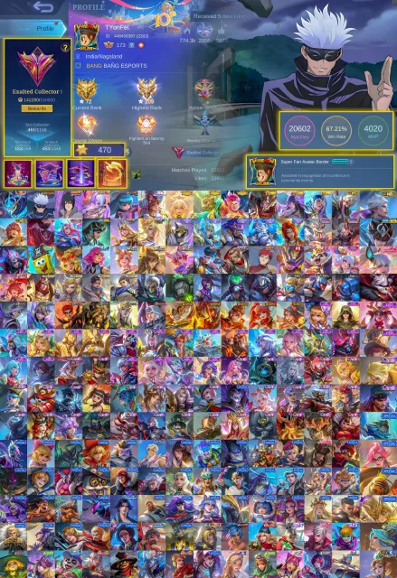 🏆 Exalted 1 ✨ Gusion Legend ✨ Gojo ✨ Suyou Sasuke ✨ Vexana Aspirant ✨ Beatrix ✨ Claude Prime, Продажа, Ранг: Мифический Бессмертный, Уровень: 174, Процент побед: 70%, Герои: 133, Облики: 461