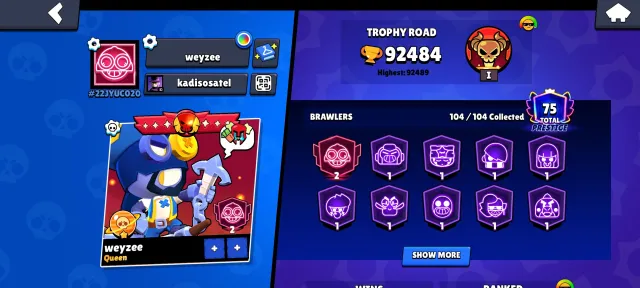 matcherino pin, 6 times apu legu 24 years and 4 times legu 25 years it's a very old account, trophies 92500, brawlers 104, primes 75