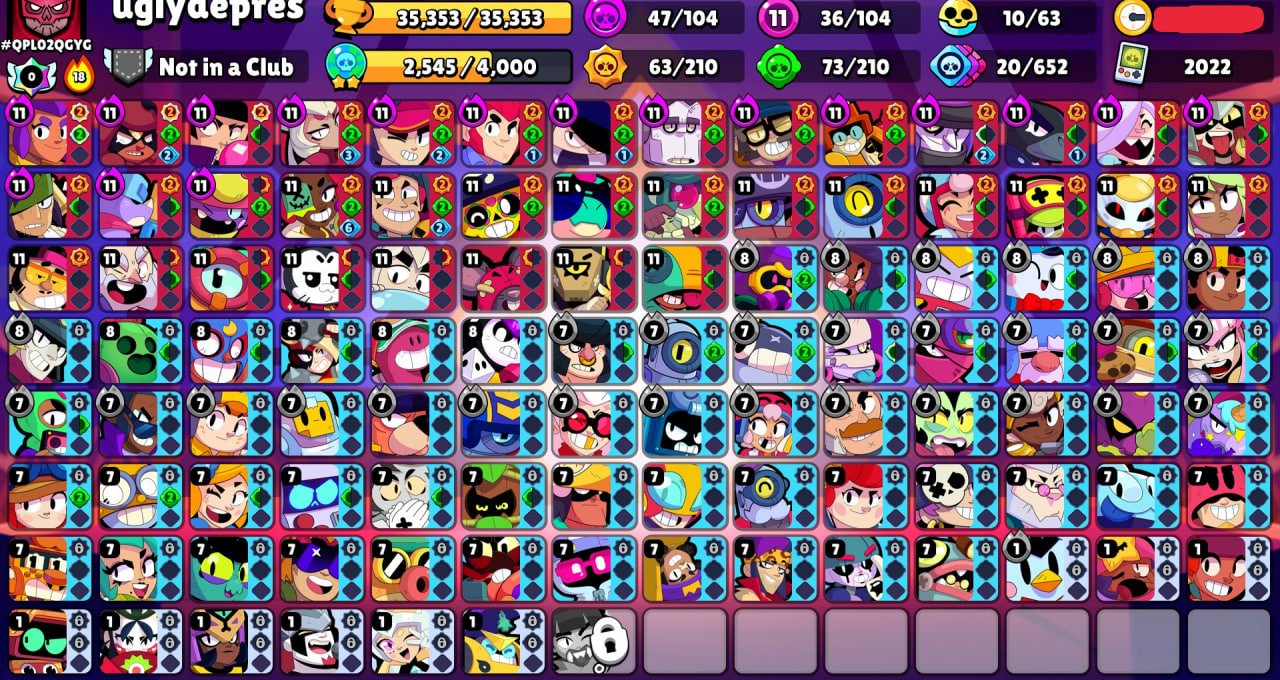 😍𝑆𝐴𝐿𝐸💎🏆𝟑𝟓𝟑𝟓𝟑 cups🏆🥊𝟏𝟎𝟒/𝟏𝟎𝟒 brawlers🥊🌈𝟐𝟎𝟓 skins ≈𝟐𝟎K gems🔥✅𝟑𝟔 x11 POWER✅, trophies 35353, brawlers 104, primes 12