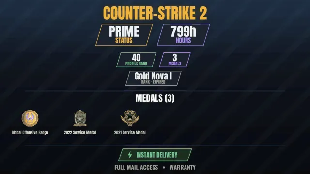 【CS2 Prime💎799h🎯3 medals】 Service Medal 2021, Service Medal 2022, Global Offensive Badge, Sale, With inventory, Has PRIME