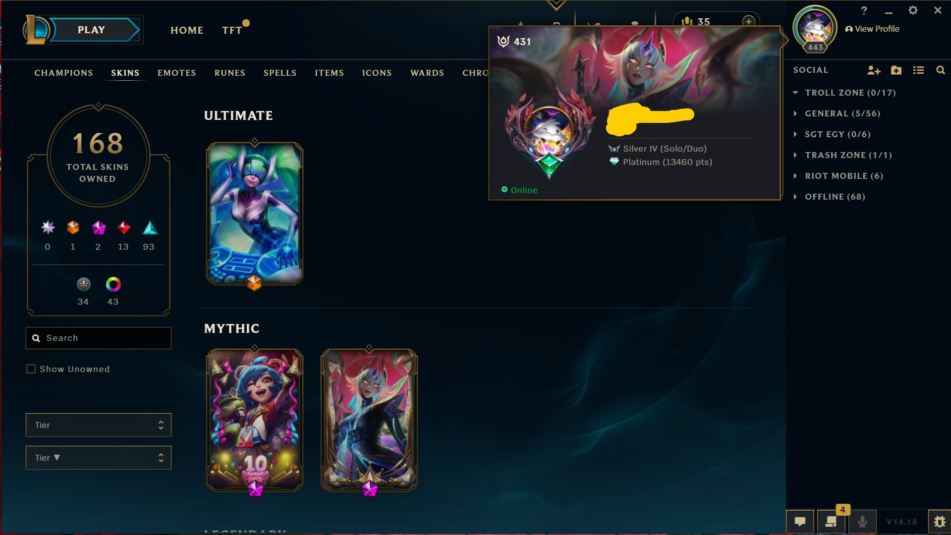 [EUNE] LVL 443 | 168 Skins | Full Access | Instant Delivery - Everything is in pictures, Sale, level 443, champions 160, skins 168, Unranked