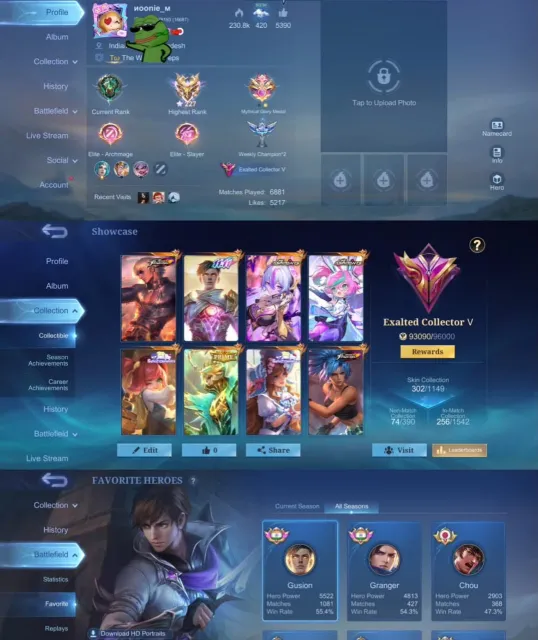 🏆 Exalted 5 ⭐ 227 Immortal Stars ✨ Gusion KOF ✨ Gusion 11:11 ✨ Vexana Aspirant ✨ Chang’e Aspirant, Продажа, Ранг: Мифический Бессмертный, Уровень: 67, Процент побед: 70%, Герои: 133, Облики: 302