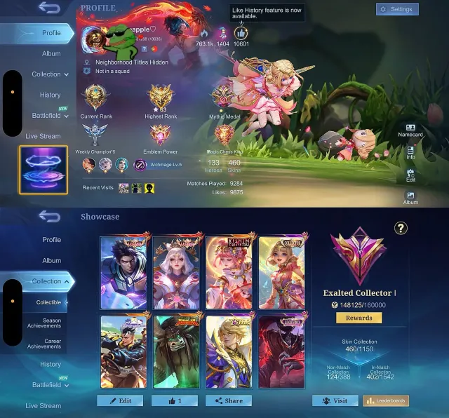 🏆 EXALTED 1 ⚔️ Alucard🌙 Lunox Legend 🌸 Claude Sanrio 👑 Angela Kishin + Collector, Продажа, Ранг: Мифический Бессмертный, Уровень: 96, Процент побед: 70%, Герои: 133, Облики: 460