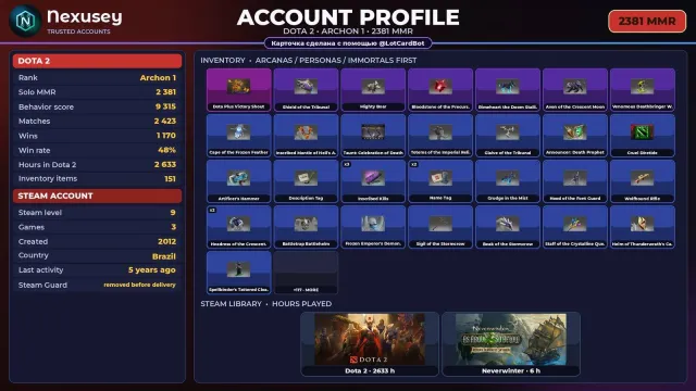 🚀 ⟦ DOTA 2 ⟧ HERO 1 · 2381 MMR ✦ 9315 BEHAVIOR ✦ FULL ACCESS ✨ #45T15T, Sale, 2381 MMR, 9315 behavior, 9315 politeness, 2423 matches, 2633 hours