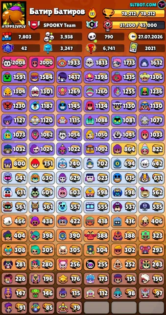 78,000 trophies, 58 max-level Brawlers, 24 Mythic and 14 Legendary skins; email relinking available., trophies 78000, brawlers 104, primes 42