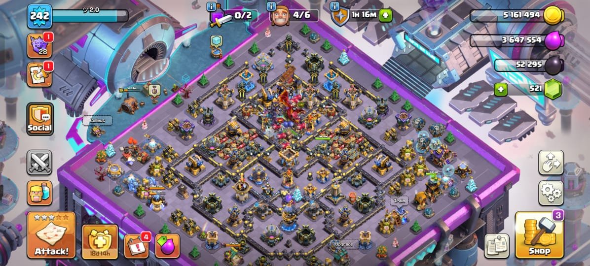 🟥⬛🛑Th 18 98% MAX🛑⚫XP 242🛑⚫Heroes Level-K105/Q105/MP95/W85/RC55🛑⚫With Gmail🛑Gems 670⚫Full Access🛑⬛🟥, 18 TH Main Village, 10 TH Builder