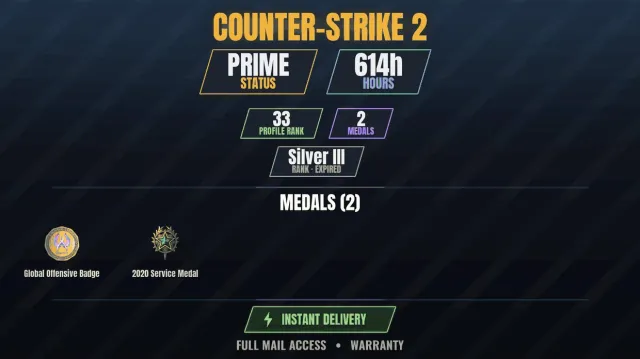 【CS2 Prime💎614h🎯2 medals】 Service Medal 2020, Global Offensive Badge, Sale, Inventory empty, PRIME available