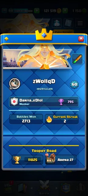 🏆11000🏆🔮18 EVO🔮🀄106 EM + 10 SKINS🀄🎀3 HEROES🎀🔮3x16 + 6x15 LVL🔮, 27 arena, 60 level, 11025 trophies, 121 cards, 21 leg, No