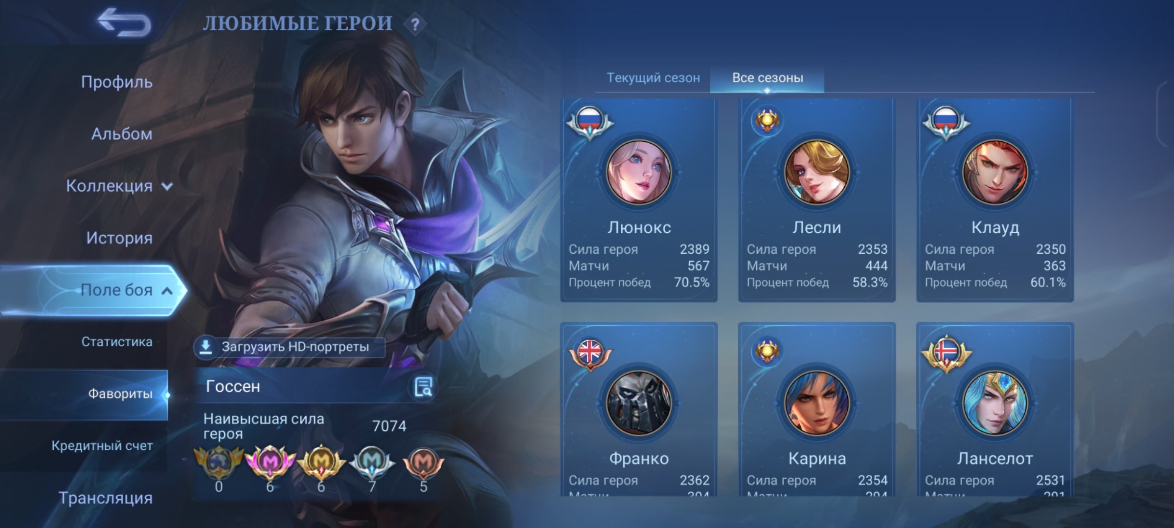 👑Gossen 2500 matches / 67%👑 Almost full Gossen👑112 stars, Sale, Rank: Legend, Level: 124, Winrate: 65%, Heroes: 126, Skins: 317