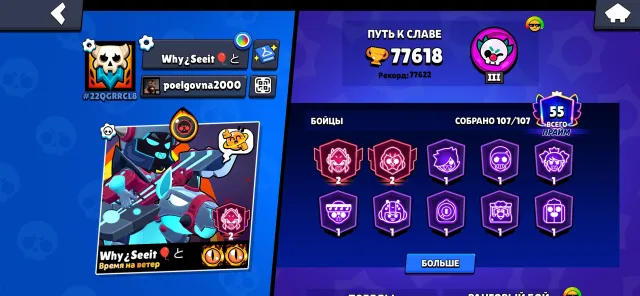 ⎛⎝🌟107/107🌟⎠⎞🌟МЕТЕОРИТНАЯ СЛАВА🏆77К🏆🌻 47/11; 5/9 LVL🌻2 2 ПРАЙМА🔥385 + СКИНОВ‼️ОПИСАНИЕ, 77600 кубков, 107 бравлеров, 55 праймов
