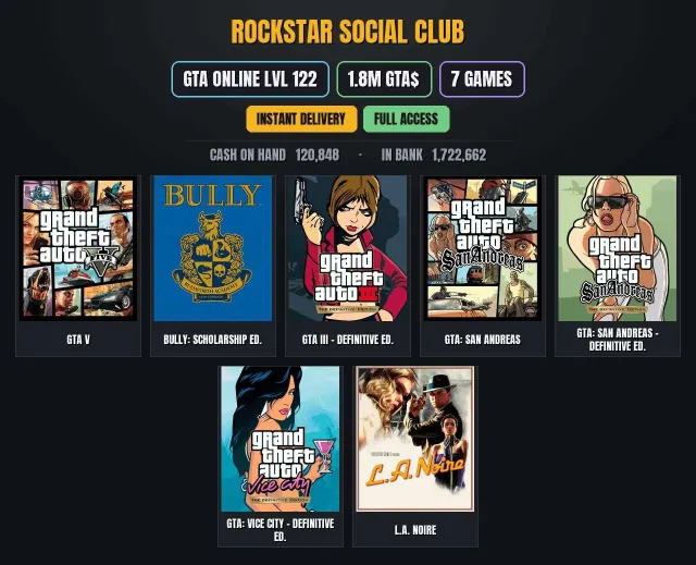 【SOCIAL CLUB】💎【GTA ONLINE】 🎯 【1.8M PURE CASH GTA$】💎【7 игр】💎Grand Theft Auto V, Bully: Scholarship, Продажа