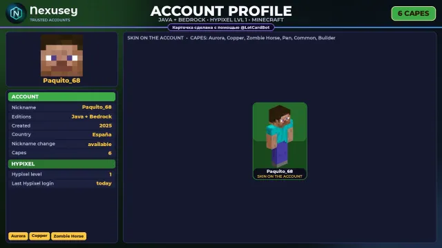 🚀 【MINECRAFT】 ✨ JAVA + BEDROCK | 6 CAPES: Aurora ✨ FULL ACCESS | NO BAN HYPIXEL (1 LVL) #4FMDU2, Sale, All account data