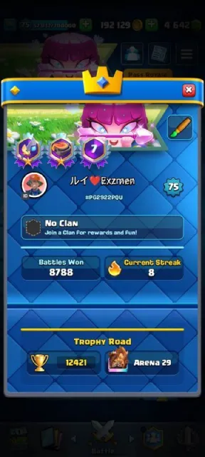 🏆12421🏆💣ABS CHAMP💣❤️🔥28 EVO❤️🔥🀄188 EM + 38 RARE🀄🎫X9 ROYAL PASS + 4K GEMS🎫, 29 arena, 75 level, 12421 trophies, 121 cards, 21 leg, No